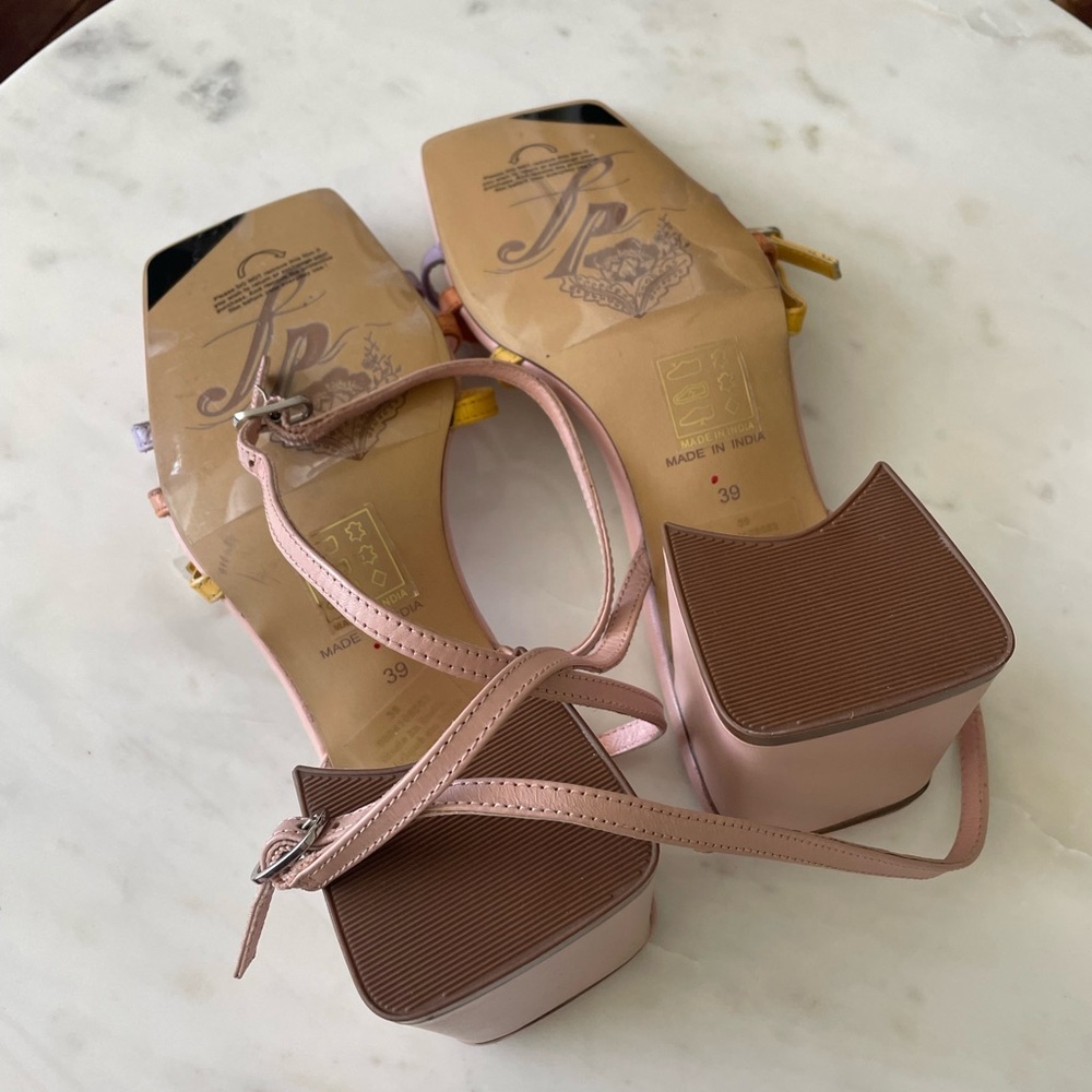 Free People Multicolor Strappy Block Heel Sandals - Pink, Yellow, Lavender - Picture 11 of 14